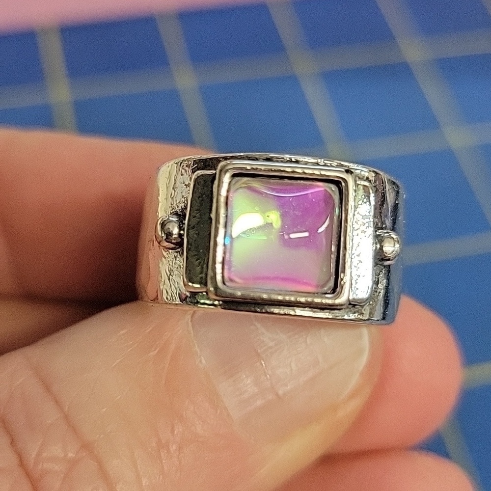 Iridescent Square Stone Silver Tone Ring